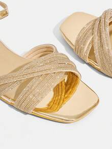 CUCCOO TILAWA Women's Solid Color Rhinestone Decor Square Toe Elegant High Heel Sandals - Champagne - View 6