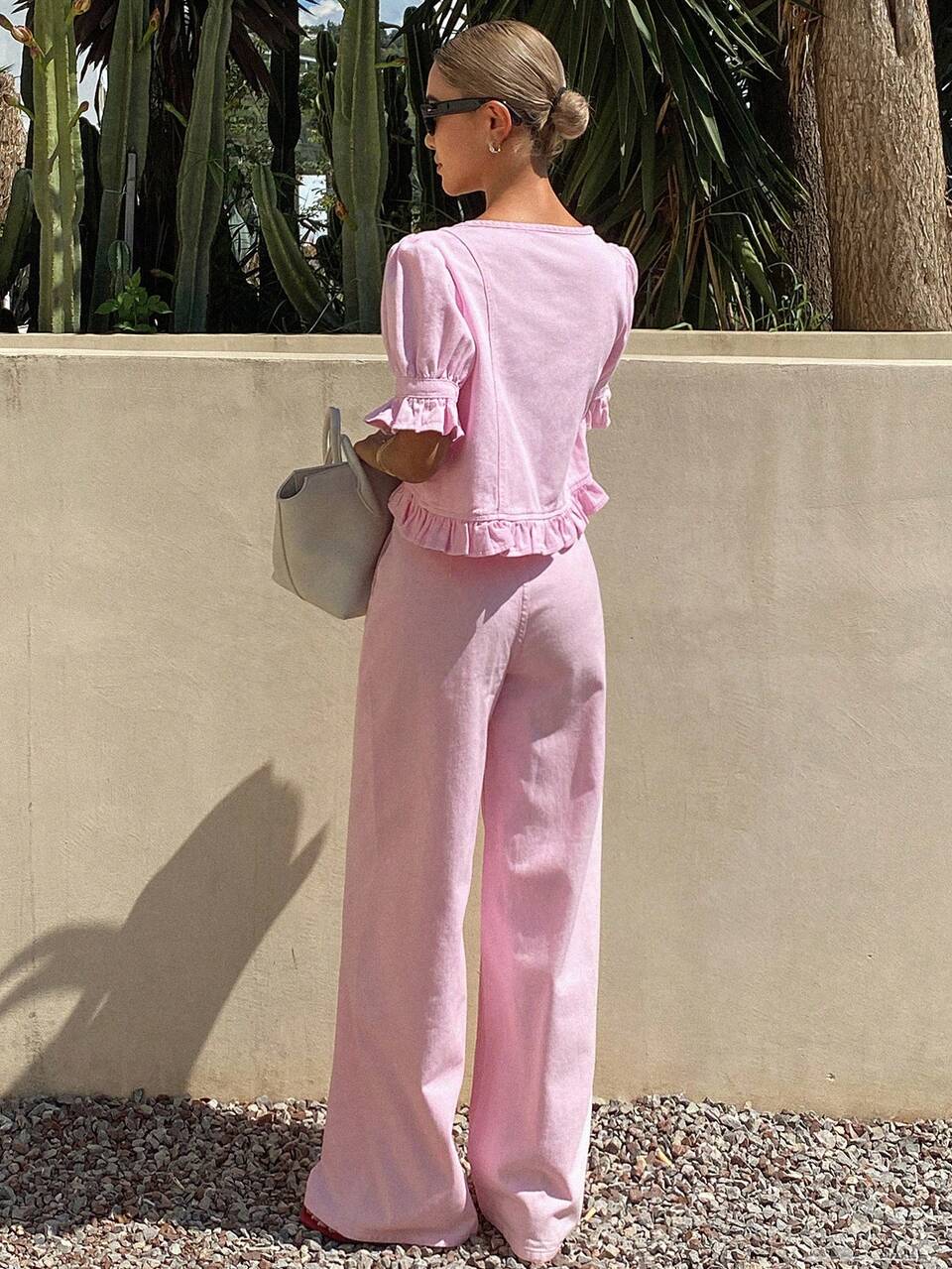 Women's Sweet Single-Breasted Ruffle Hem Blouse And Loose Pocket Denim Pants Set Y2K Vacation