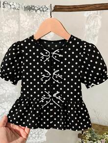 SHEIN LMoss Kids 少女休閒圓領短袖波點梭織套頭上衣 - 黑色 - 查看 1