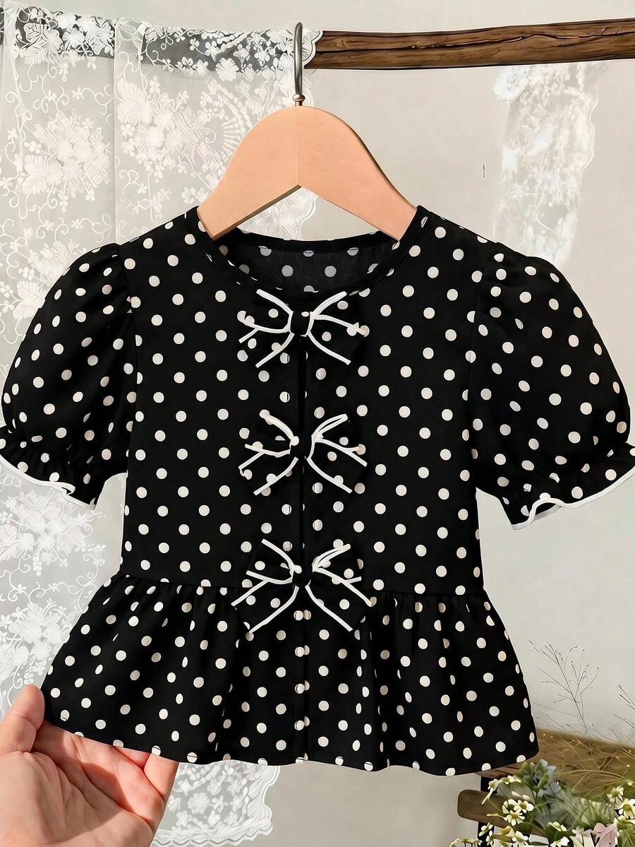 SHEIN LMoss Kids 少女休閒圓領短袖波點梭織套頭上衣 - 黑色 - 查看 1