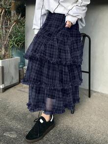 Dazy Tall Women's Plaid Long Casual Skirt Cute Tops - Navy Blue - View 6