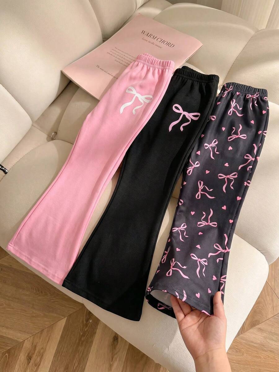 Elladie kids 3 件套年轻女孩休闲百搭新款蝴蝶结印花喇叭裤长裤,适合搭配家庭,适合夏季和所有场合喇叭裤喇叭裤喇叭紧身裤可爱裤子休闲裤 - 彩色 - 查看 1