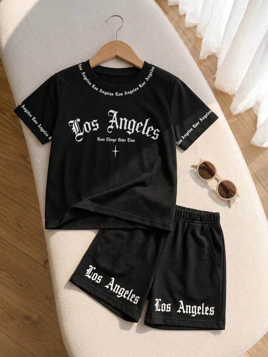 2pcs Baby Boy Street Style English Letter Print Set, Suitable For Outings In Summer