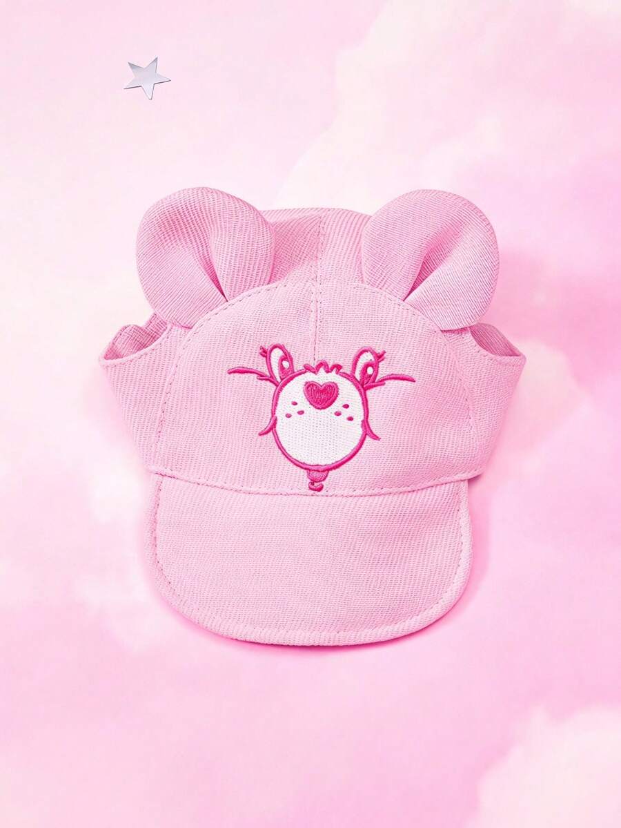 Care Bears X PETSIN 1件可愛粉色心形泰迪熊刺繡3D耳狗貓遮陽帽,透氣露耳設計,尺寸可調,適合日常散步、海灘、旅行,獨特的寵物生日或週年紀念禮物 - 粉色 - 查看 1