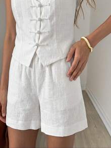 Easowa Vest Shirt And Diagonal Pocket Elastic Waist Wide Leg Shorts 5-Point Pants Set, 100% Cotton Traceable Cotton Fabric,Autumn/Winter Women's 2-Piece Set - White - View 7