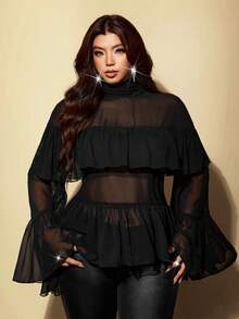 Viva Relle Plus Size Sexy Street Sheer Ruffle Hem Blouse - Black - View 4