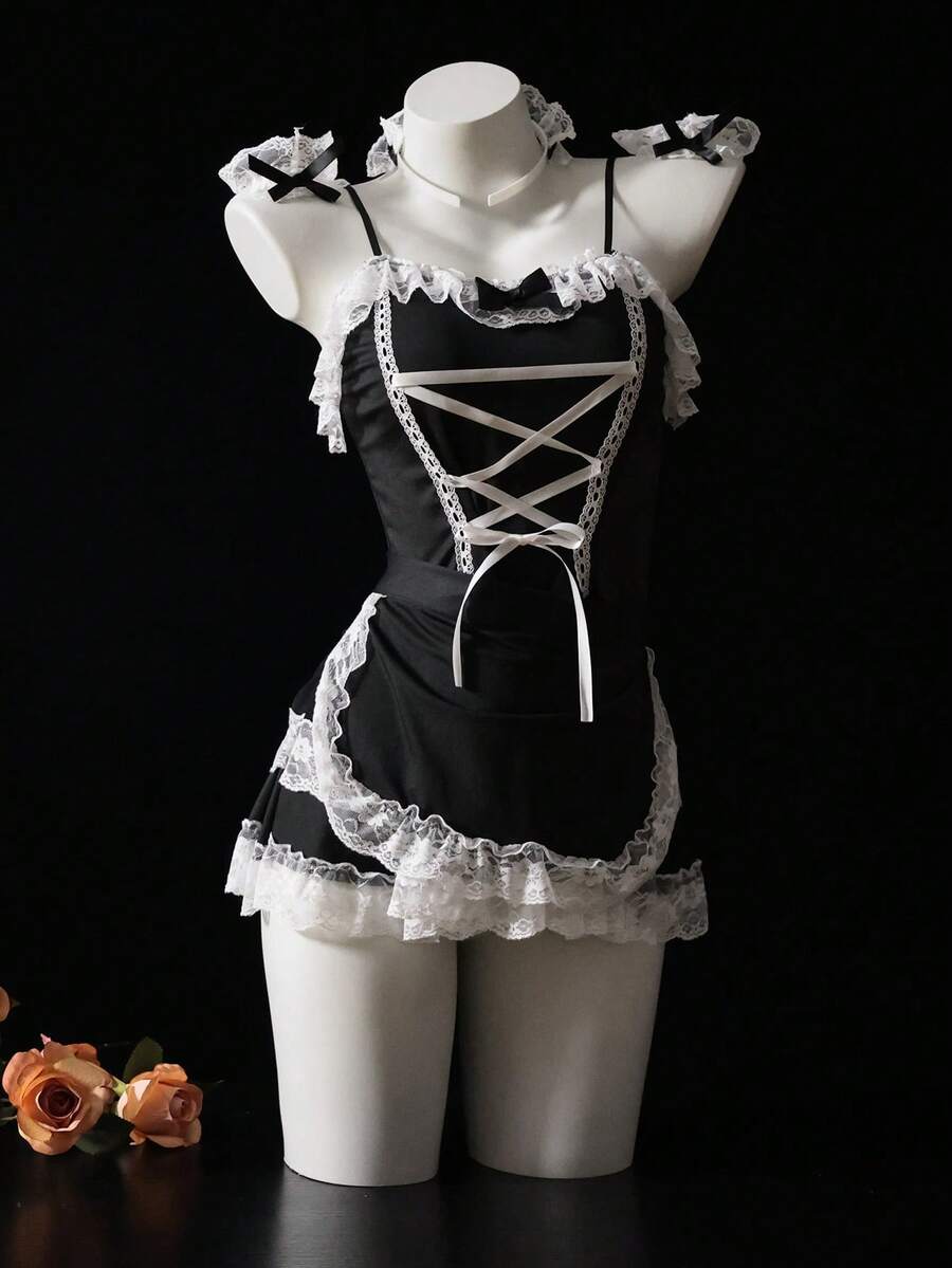 Dansine Maid Costume Lingerie Set, Seductive Sleepwear - Black - View 1