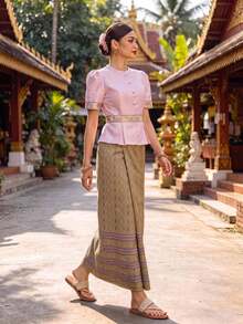 Zaforene Women's Floral Sequin Round Neck Short Petal Sleeve Blouse And Geometric Pattern Skirt Elegant Romantic Set Wedding Dinner Light Pink Gold Summer - Bubblegum Pink - View 2
