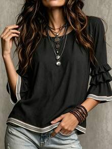 Glimmora Blus Wanita Musim Panas dan Gugur Terbaru, Gaya French Casual Boho, Longgar, Berkerut, Lengan 3/4 Mengembang, Cocok untuk Kencan Sehari-hari, Garis-garis Hitam Putih - Hitam - View 3