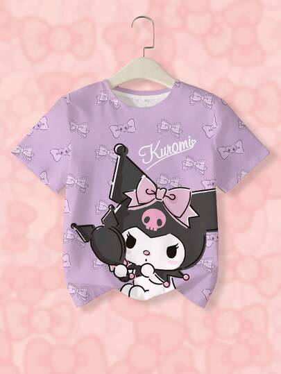 HELLO KITTY AND FRIENDS | SHEIN Tween Girl Striped Letter & Cartoon Print Casual Versatile Daily Wear Short Sleeve T-Shirt