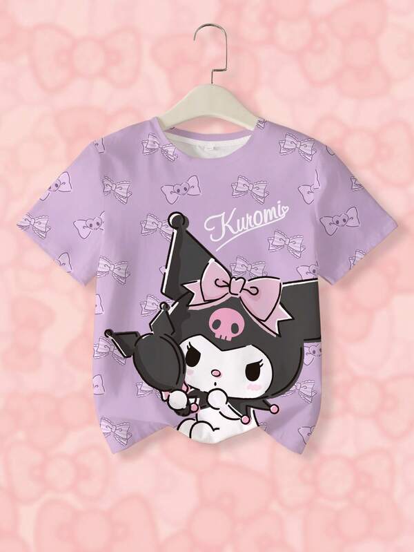 HELLO KITTY AND FRIENDS | SHEIN 少女条纹字母卡通印花休闲百搭日常短袖T恤