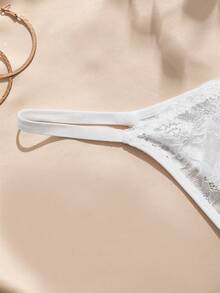 Charlaine Burgundy Women's T-Back Lace Patchwork Satin Panty, 1pc - White - View 5