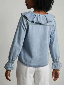 Livesso Atasan Denim Wanita Katun Leher V Lengan Panjang Warna Biru Polos Kerah Ruffle Besar Kancing Depan Potongan Ramping Pinggang Ramping Musim Gugur - Biru - View 2