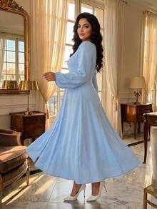 SHEIN Lady CURVE Plus Size Solid Color Lantern Sleeve Front Button Dress Evening Formal Birthday Light Blue Autumn Elegant Fall - Blue - View 2