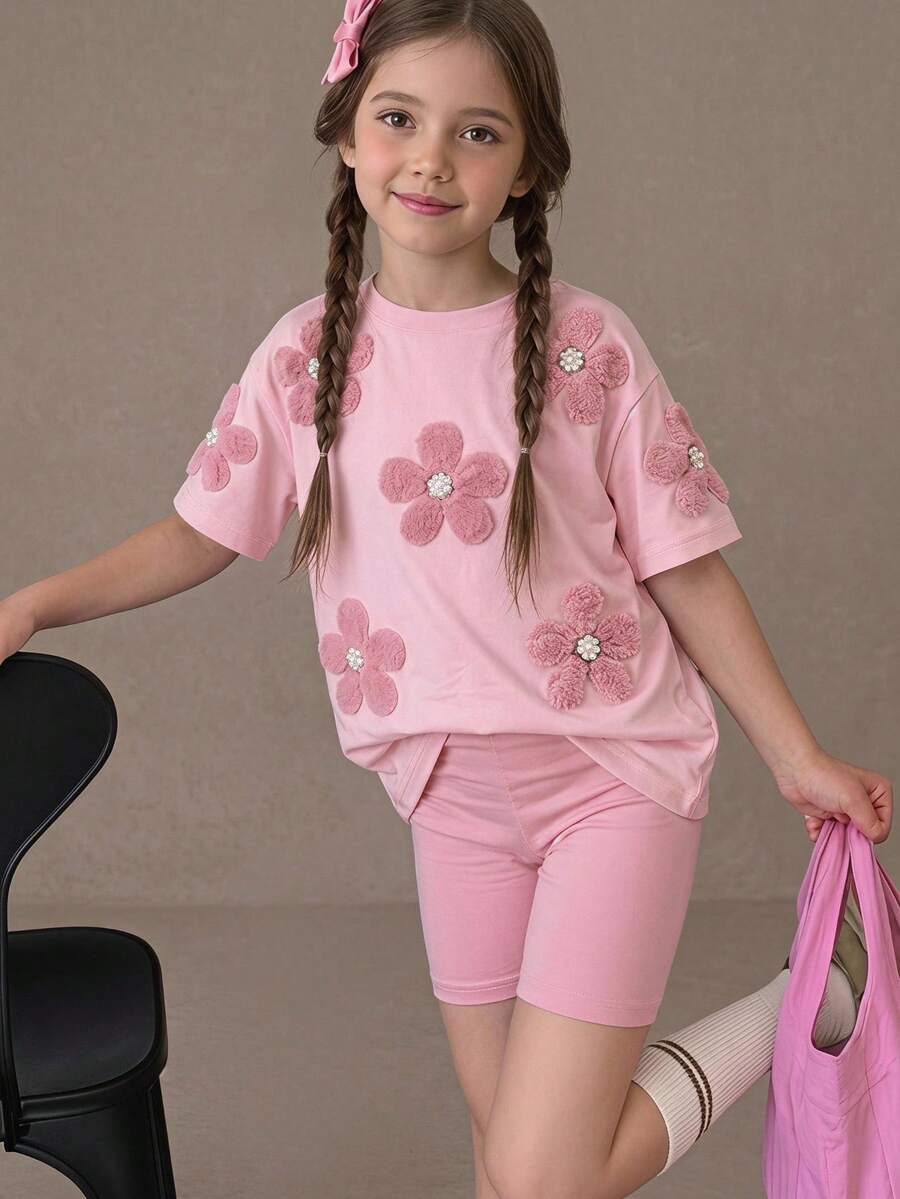 SHEIN Sparklyn 8-12歲女童2件套-粉色花卉珍珠裝飾短袖T恤搭配單車褲套裝,夏季休閒兒童套裝 - 彩色 - 查看 1