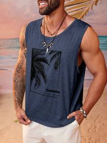 EASEVO Plus Size Men's Summer Vacation Palm Tree Printed Loose Fit Knit Casual Tank Top, Father's Day Gifts - Blue - View 3