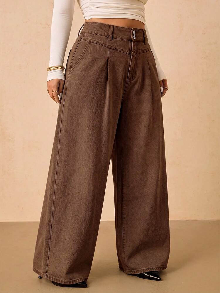 SHEIN Tall CURVE Plus Size Women's Casual Versatile Everyday Denim Jeans With Pockets And Buttons - Brown - View 6