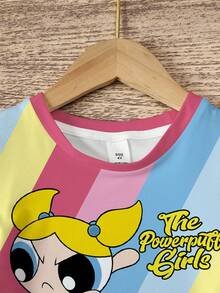 THE POWERPUFF GIRLS X SHEIN 女童圓領字母卡通印花休閒日常夏季洋裝 - 白色 - 查看 3