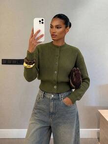 Lumalex Olive Green Rib Knit Cardigan With Round Neck Button Front Drop Shoulders And Floral Sleeve Patch - Green - View 4