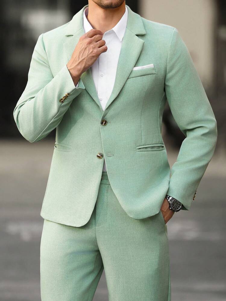 Manfinity Mode Men's Solid Color Casual Elegant Business Suit Set, Pocket Design, For Daily Commute, Relaxed Work Wedding Gala Semi-Formal, Gift Sage Green Summer - Green - View 5