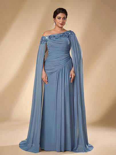 Serin Gaun Malam Mewah Elegan Ukuran Plus dengan Hiasan Manik-manik, Payet, Renda, Patchwork, Rajutan Elastis, Patchwork Jala, Lengan Chiffon, dan Rok Duyung Berkerut, Cocok untuk Acara Pernikahan, Pesta Lajang, Liburan, Pesta Dansa (Gaya Pengerjaan Berat)