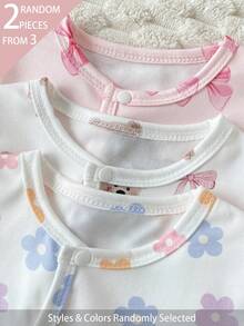 3pcs Randomly Send 2pcs Newborn Baby Girl Cute Bear Flower Bow Print Long Sleeve Footed Romper Jumpsuit 2pcs Set - Multicolor - View 4