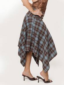 Dania Mndz Shop Women's Retro Blue Plaid Cotton Midi Skirt,Asymmetrical Hem High Low Checkered Skirt,Elegant Winter Date Y2K Style,Perfect For Spring Break - Blue - View 4