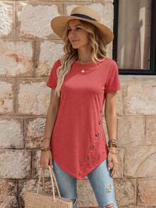 EMERY ROSE Women's Solid Color Round Neck Casual Versatile Daily Wear Short Sleeve T-Shirt - Red - View 3