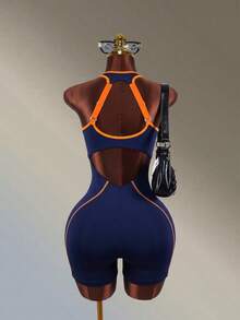Amplova Marineblau + Orange Farbblock Rückenfrei Neckholder Sport-Romper - marineblau - Übersicht 10