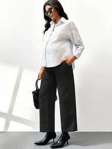 SHEIN Maternity Solid Color Adjustable Waist Wide Leg Loose Casual Pants Fall - Black - View 6