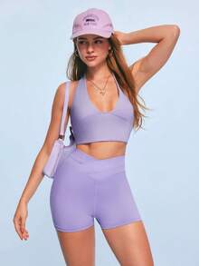 SHEIN Sovereign Charm Women's Solid Color High Waist Casual Versatile Daily Travel Sports Shorts - Purple - View 7