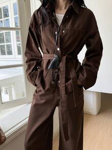 DAZY Women's Loose Waist Tie Denim Set Fall - Brown - View 5