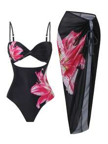 SHEIN Swim Pink Floral Print 2-Piece Set Gradient Rope Tie Short Top And Side Tie Skirt Beach Vacation Outfit, Beach Skirt Bikini Set, Beach Holiday Festival - Black - View 3