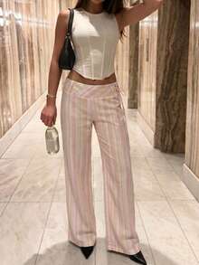 Avenya Low Waist Striped Drawstring Casual Pants - Pink - View 4