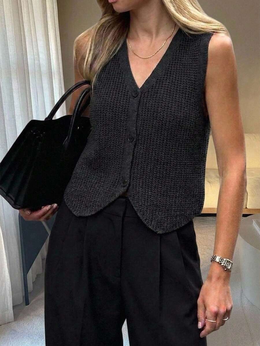 Easowa Women's Casual Versatile Solid Color Knit Vest Teachers' Day Office Grey Autumn