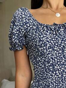 Tween 女童海军蓝碎花立领蝴蝶结前开襟泡泡袖迷你连衣裙，适合派对、度假、郊游、沿海奶奶装 - 藍白色 - 查看 7