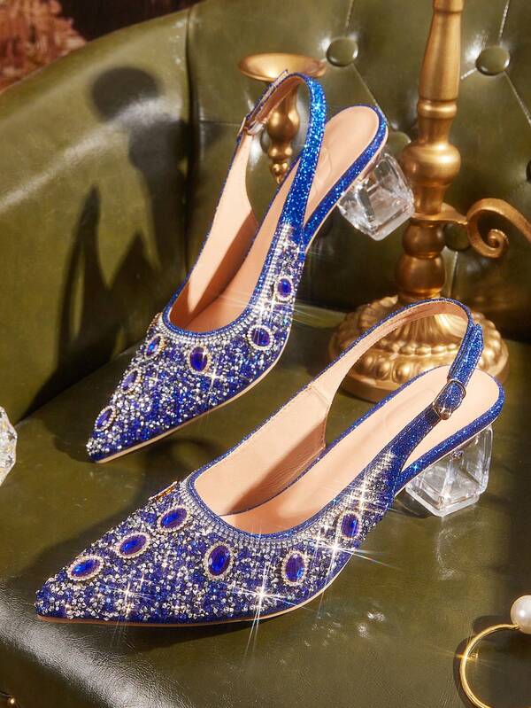 CUCCOO TILAWA Zapatos de tacón alto azul con punta fina y tacón de cristal con strass para mujer, adecuados para salidas, banquetes, fiestas y otros eventos