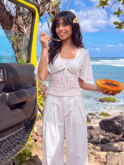 Sweetina 女款極簡性感休閒前綁帶外套上衣與碎花細肩帶背心兩件套