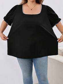 SHEIN CURVE+ 大尺碼休閒度假風貝殼與花卉裝飾方領燈籠袖上衣，2026秋冬 22W - 黑色 - 查看 8