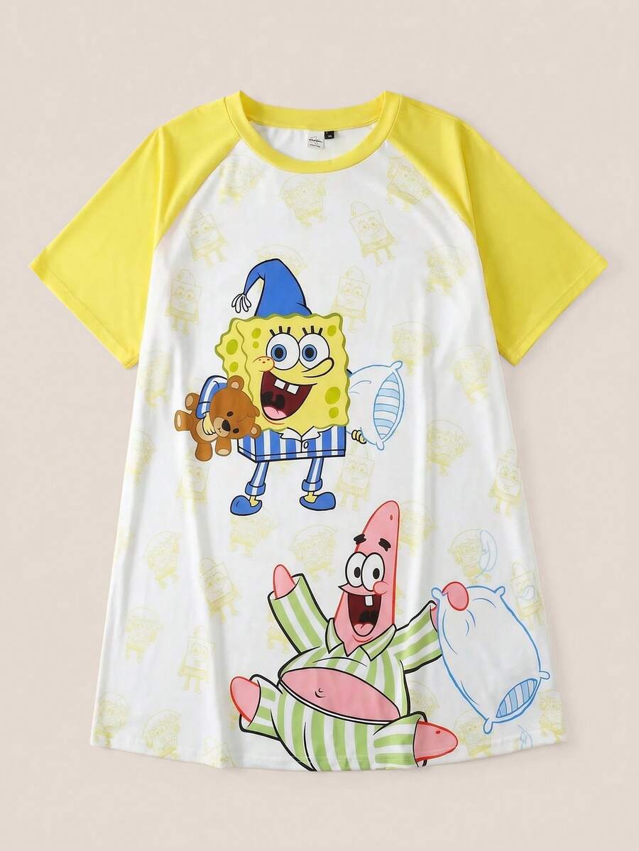 SpongeBob SquarePants | SHEIN 加大码舒适卡通图案撞色插肩袖睡裙,夏季 - 黃色 - 查看 1