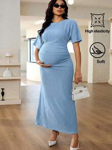 MaterniWear 優雅純色夏季孕婦長洋裝 - 淺藍色 - 查看 2