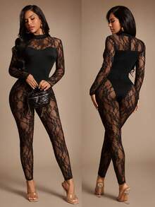Radiana Sexy einzigartiger transparenter Mesh-Patchwork-Jumpsuit, Spitzen-Patchwork-Jumpsuit, schwarzer enger Jumpsuit, hoch-elastischer Strick-Jumpsuit, geeignet für Alltag, Nacht, Nachtclub, Club, Bar, Nachtclub, Festival, Party, Karneval, Musikfestival, Konzert, Halloween - Schwarz - Übersicht 3