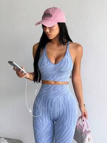 Dewbera Dewbera Women's All-Over Print Cropped Top And High-Waist Leggings Casual Sexy Active Daily Sports Set Gym Light Blue Summer - Blue - View 5