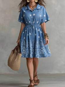 Linhara CURVE Plus-Size Loose-Fitting Casual Shirt-Style Dress With Rich Details - Blue - View 9