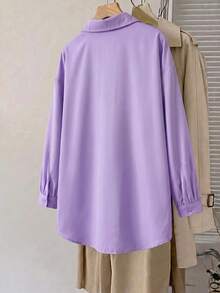 SHEIN CURVE+ 大尺碼女款素色長袖單排扣休閒寬鬆襯衫 - 淡紫色 - 查看 2