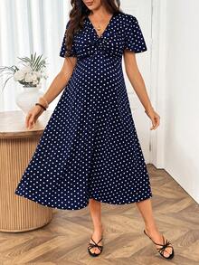 SHEIN Maternity Summer Casual Polka Dot Print Dress - Navy Blue - View 4