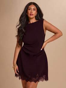 SHEIN BAE CURVE 大尺碼女款黑色蕾絲拼接無袖洋裝 - 酒紅色 - 查看 1