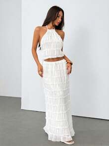 SHEIN PETITE Women's Solid Color Pleated Halter Neck Tank Top And Skirt Fashion 2-Piece Set - White - View 7