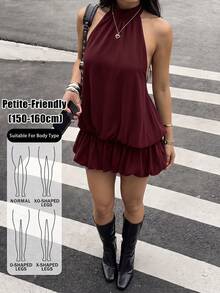 SHEIN PETITE 女款立領無袖荷葉邊下擺寬鬆上衣 - 酒紅色 - 查看 13