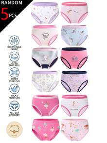 SHEIN 【5件隨機組】女童幼兒內褲，淺粉色、紫色、藍色、白色花卉混色三角褲，柔軟舒適 - 彩色 - 查看 3